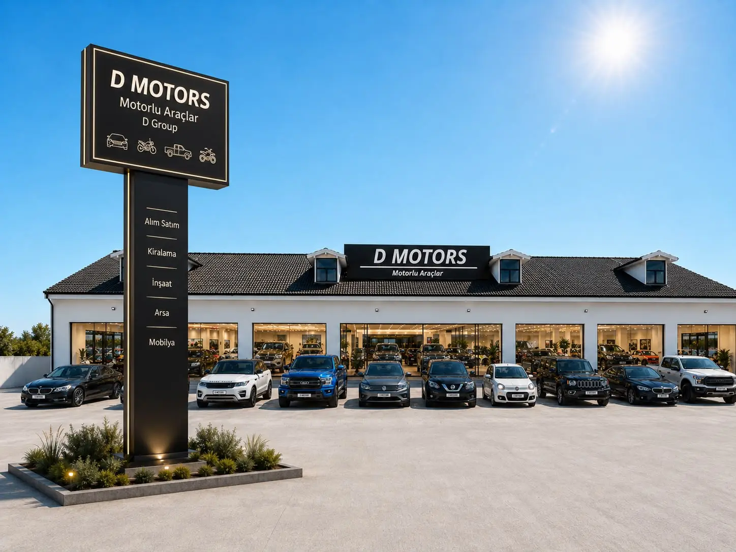 D Motors Köyceğiz showroom binası ve yol kenarındaki totem tabelası